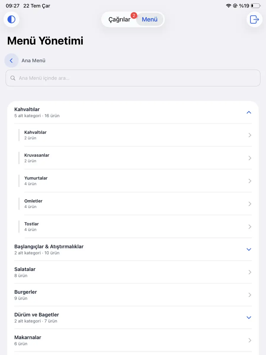 Menu management category tree on iPad in a wide-screen layout