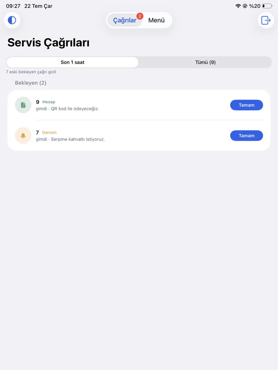 iPad Service Calls screen: pending bill and waiter calls with Done buttons