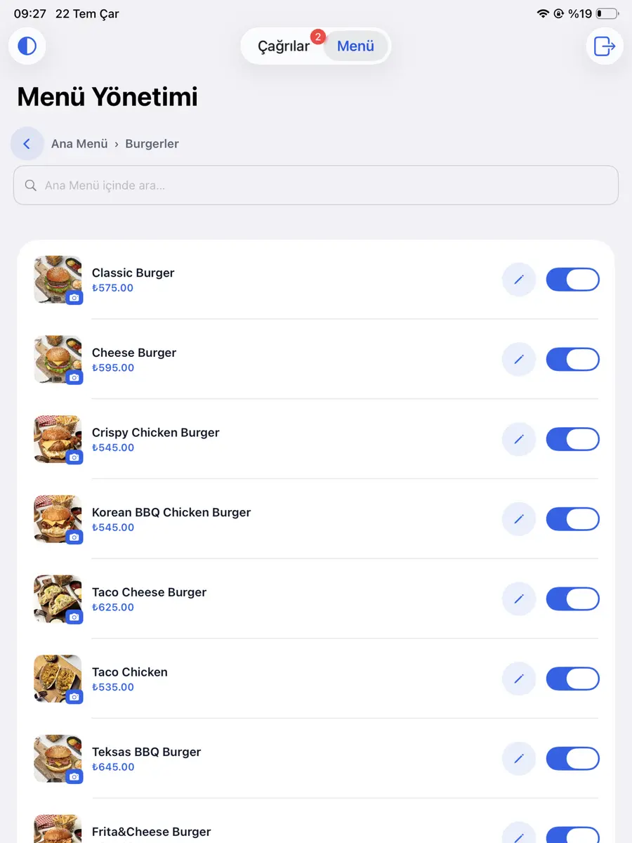 Burgers category on iPad: item photos, prices, edit pencils and stock switches