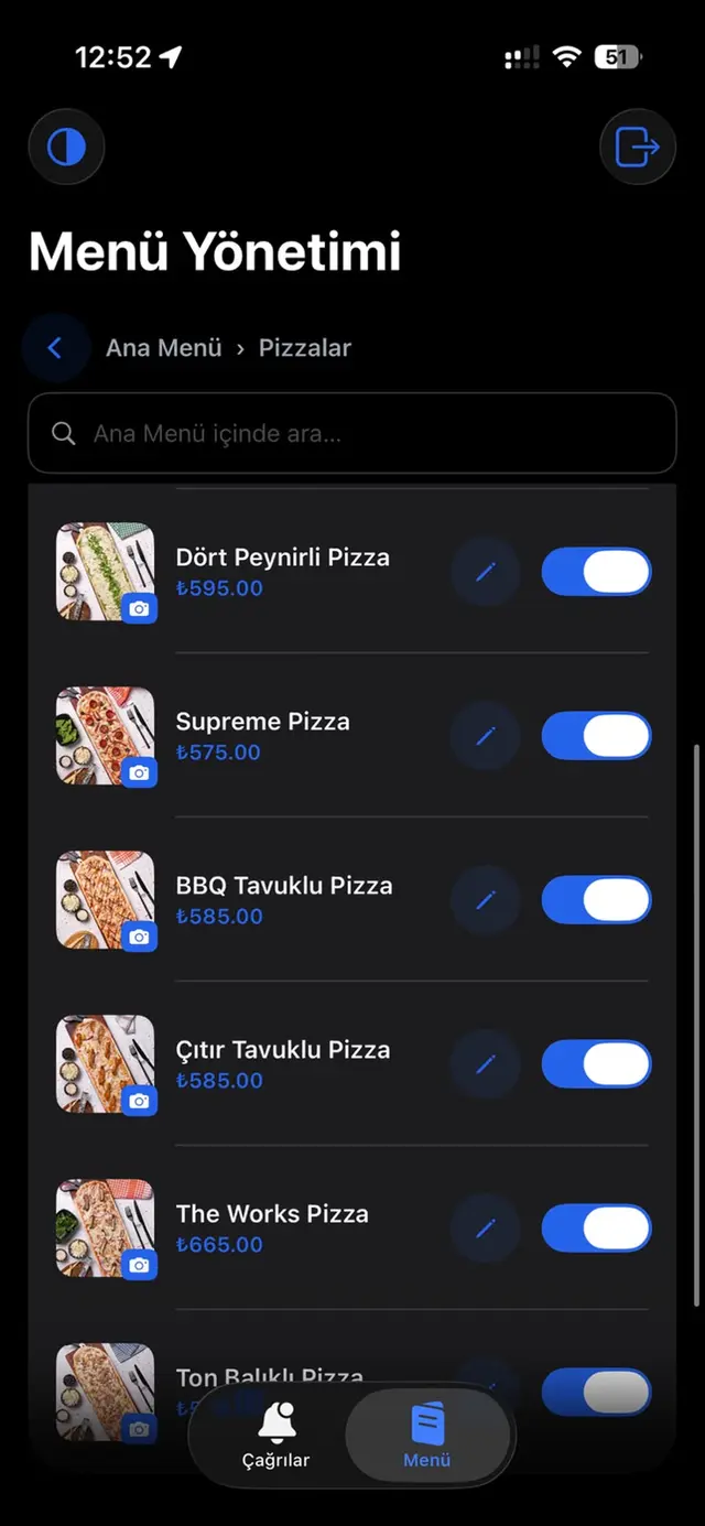 Pizza category list in dark mode on iPhone
