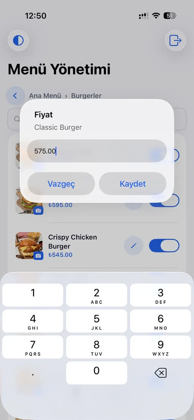 Price editing dialog on iPhone: entering a new price for a burger