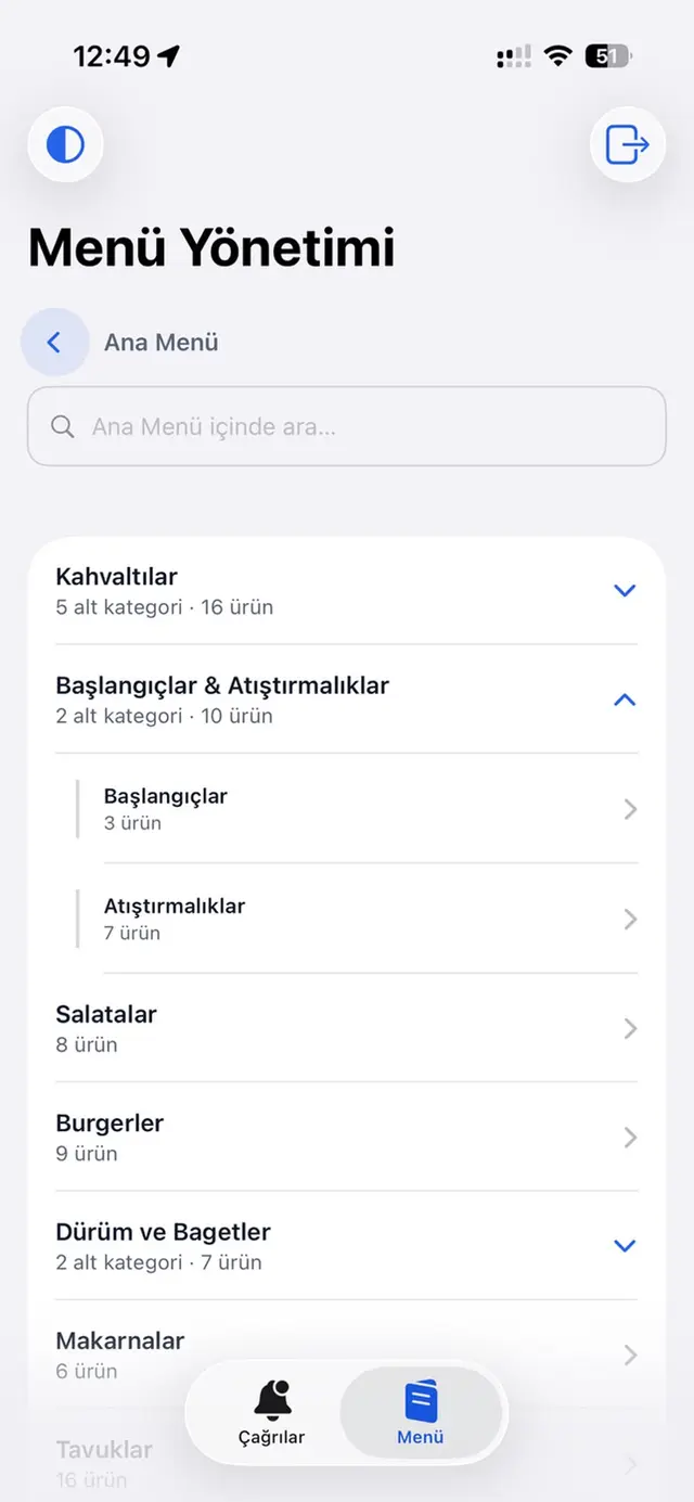 Menu management on iPhone: category tree with subcategories and item counts